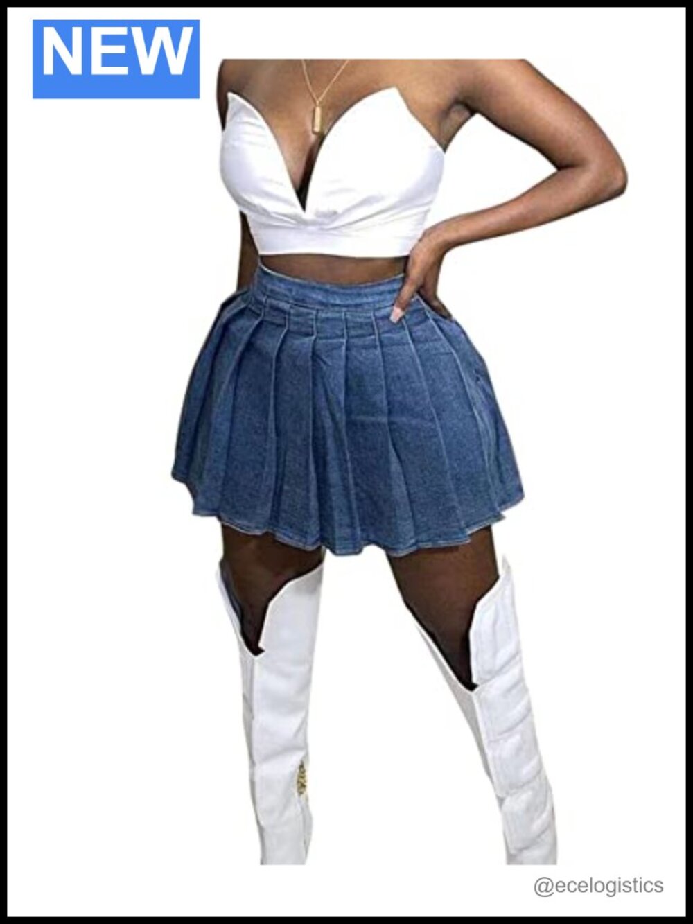 Pleated Denim Mini Skirt High Waist Ruffle A-Line Y2K Stretchy
